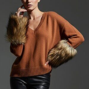 $575 REVOLVE NAADAM Cashmere Faux Fur Sweater burnt Autumn orange S